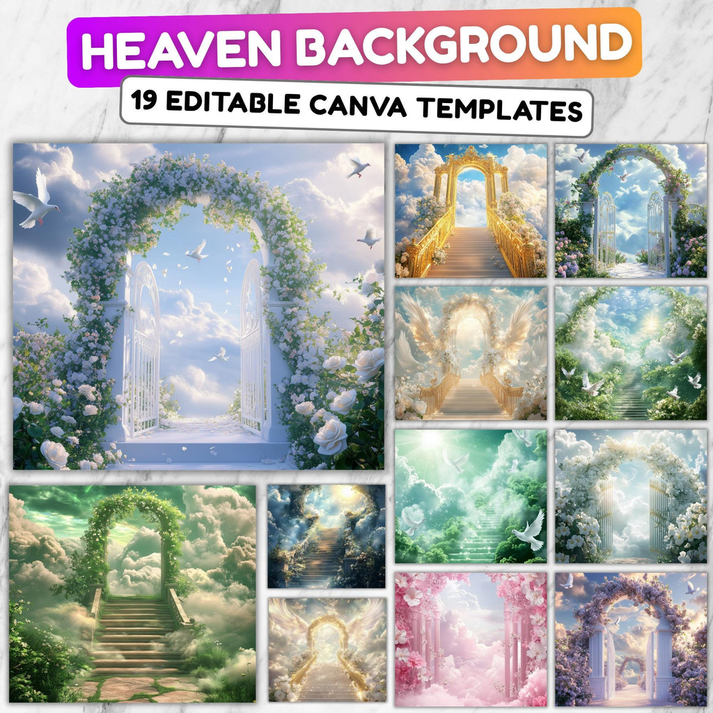 19 Memorial Heaven Backgrounds Png Bundle, Memorial Backgrounds, In Loving Memory Backgrounds, Heaven Stair Steps & Gate, Rest In Peace - Editable Memorial Canva Template