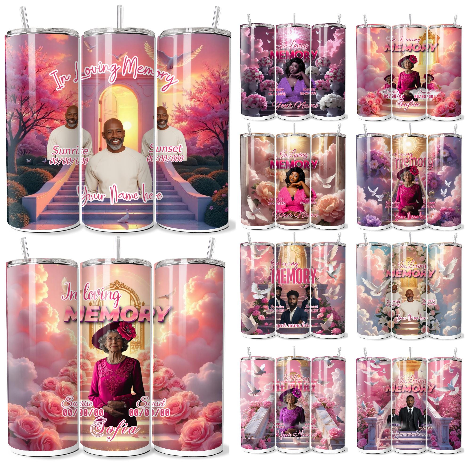 20 Memorial Pink Tumbler Canva Editable Template Bundle, Canva Editable Template, In Loving Memory Pink Tumbler, Add your Own Photo - Editable Memorial Canva Template
