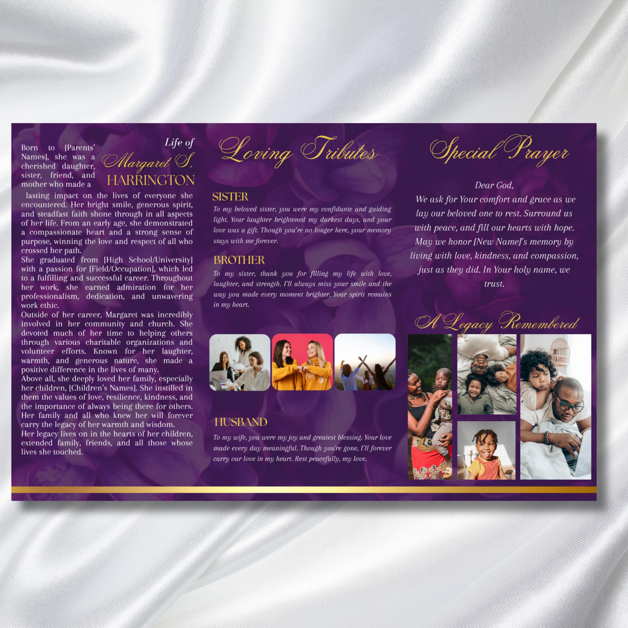 Purple & Gold Funeral Program Template, Tri-Fold(17x11) Funeral Program, Obituary Celebration Of Life Program, In Loving Memory Templates - Editable Memorial Canva Template