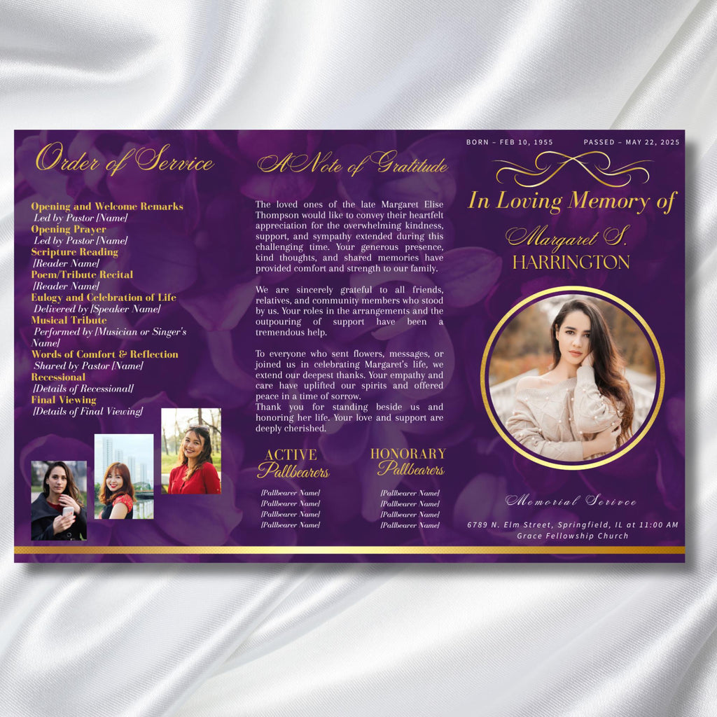 Purple & Gold Funeral Program Template, Tri-Fold(17x11) Funeral Program, Obituary Celebration Of Life Program, In Loving Memory Templates - Editable Memorial Canva Template