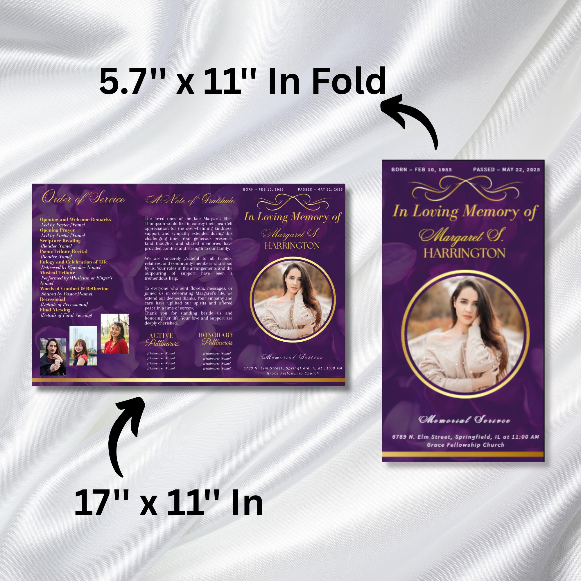 Purple & Gold Funeral Program Template, Tri-Fold(17x11) Funeral Program, Obituary Celebration Of Life Program, In Loving Memory Templates - Editable Memorial Canva Template