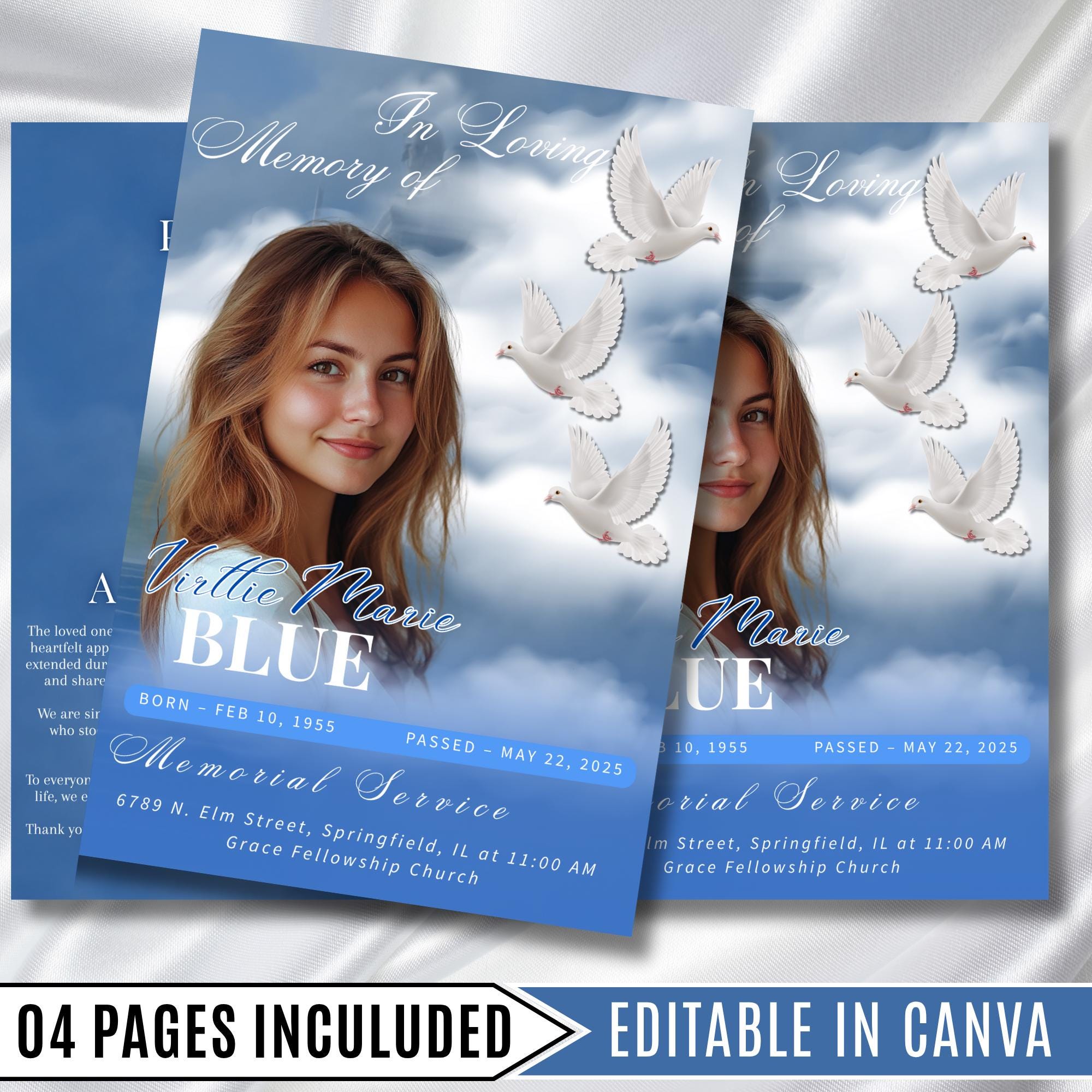 4 Pages Funeral Program Editable Template, Bi-Fold Funeral Program, Obituary Celebration Of Life Program, In Loving Memory, Digital Download - Editable Memorial Canva Template