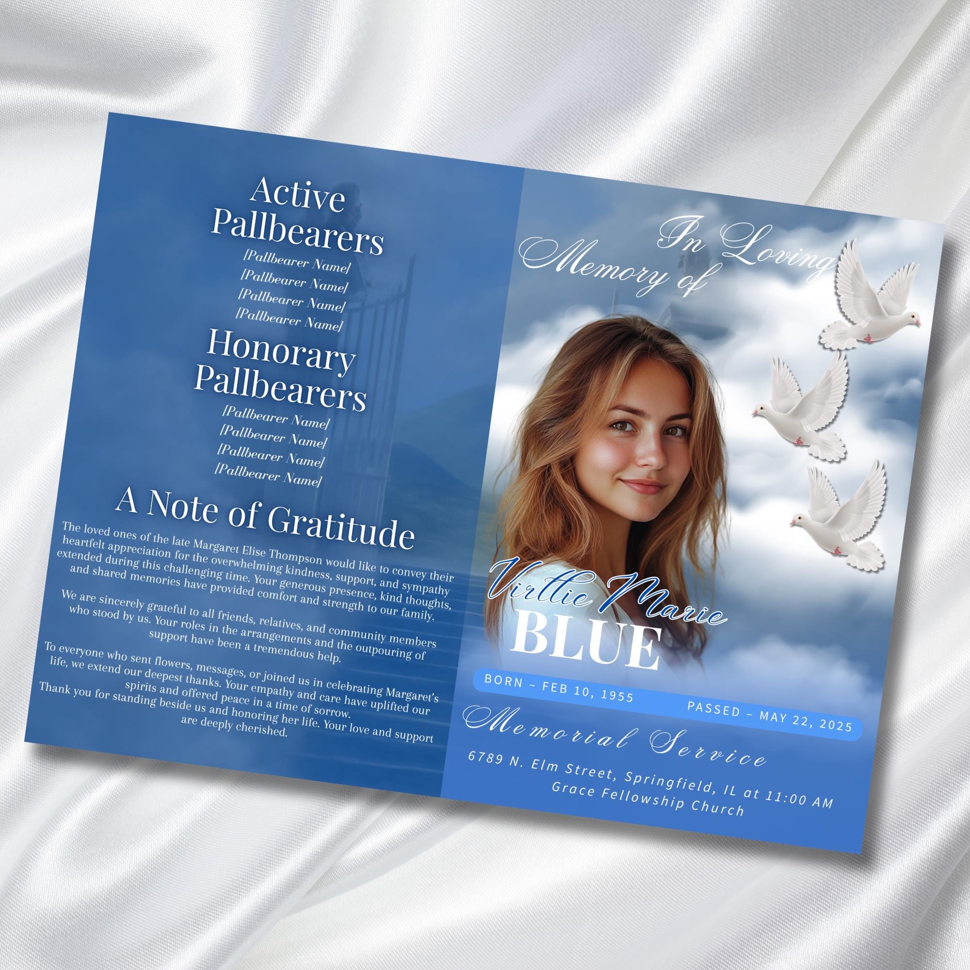 4 Pages Funeral Program Editable Template, Bi-Fold Funeral Program, Obituary Celebration Of Life Program, In Loving Memory, Digital Download - Editable Memorial Canva Template