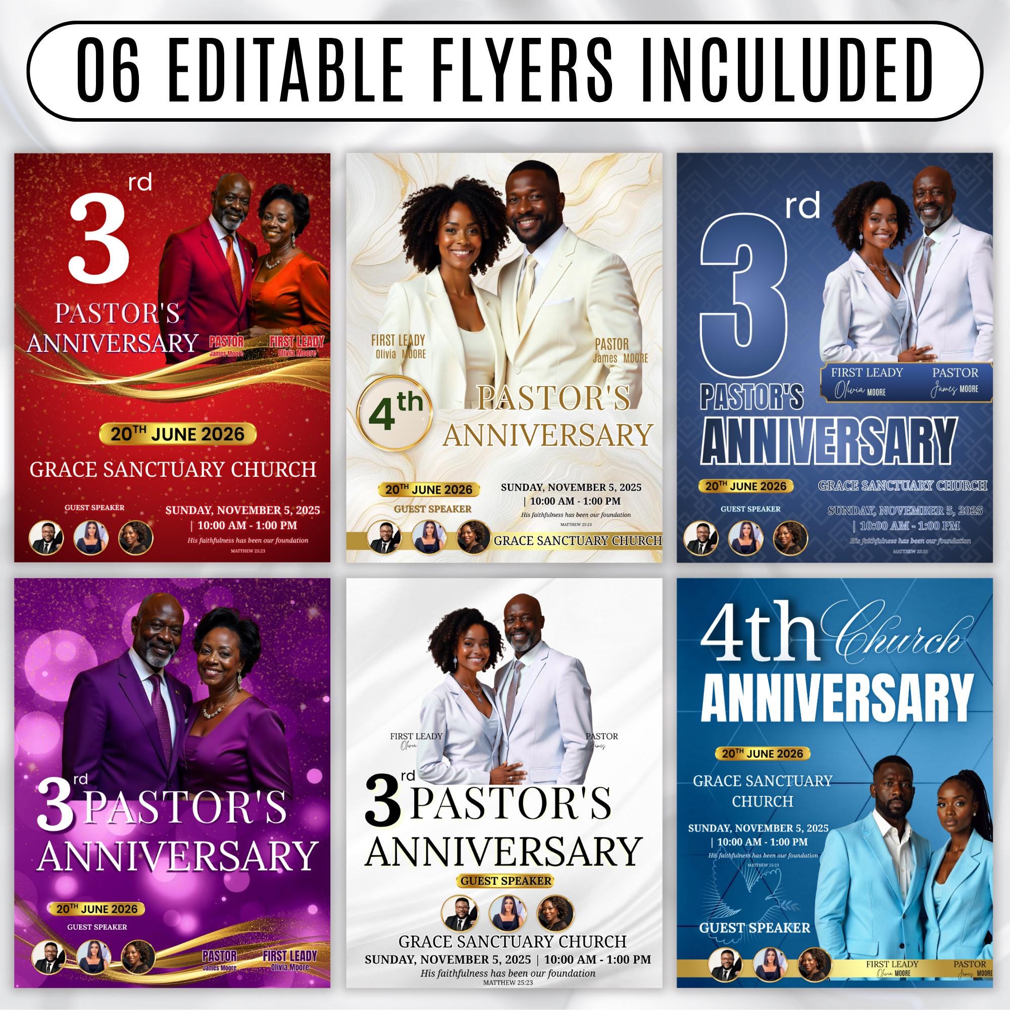 6 Pages Pastoral Anniversary Program Template, Memorial Funeral Program, Church Program Template, Obituary Celebration Of Life Program - Editable Memorial Canva Template