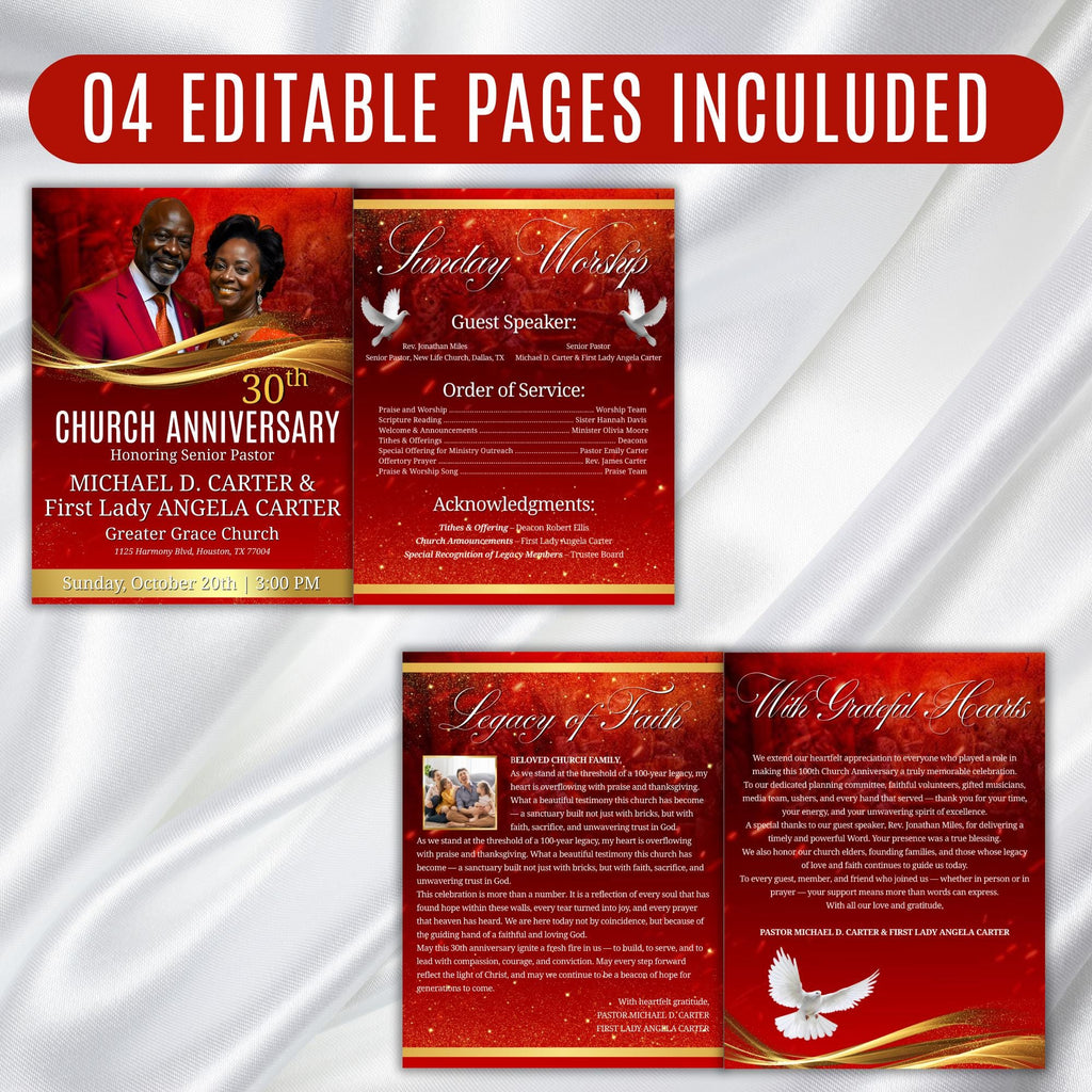 04 Pages Church Anniversary Program Template, Editable Bifold 8.5x11” Design, Church Appreciation Program, Anniversary & Faith Celebration - Editable Memorial Canva Template