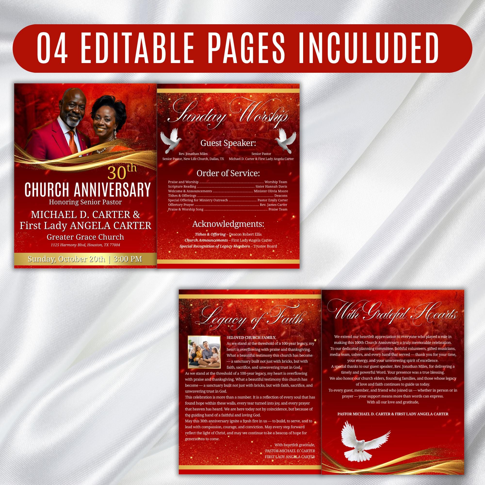 04 Pages Church Anniversary Program Template, Editable Bifold 8.5x11” Design, Church Appreciation Program, Anniversary & Faith Celebration - Editable Memorial Canva Template
