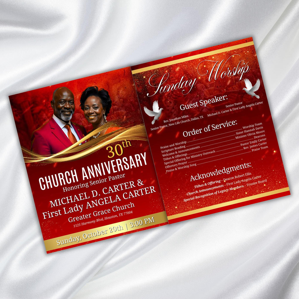 04 Pages Church Anniversary Program Template, Editable Bifold 8.5x11” Design, Church Appreciation Program, Anniversary & Faith Celebration - Editable Memorial Canva Template