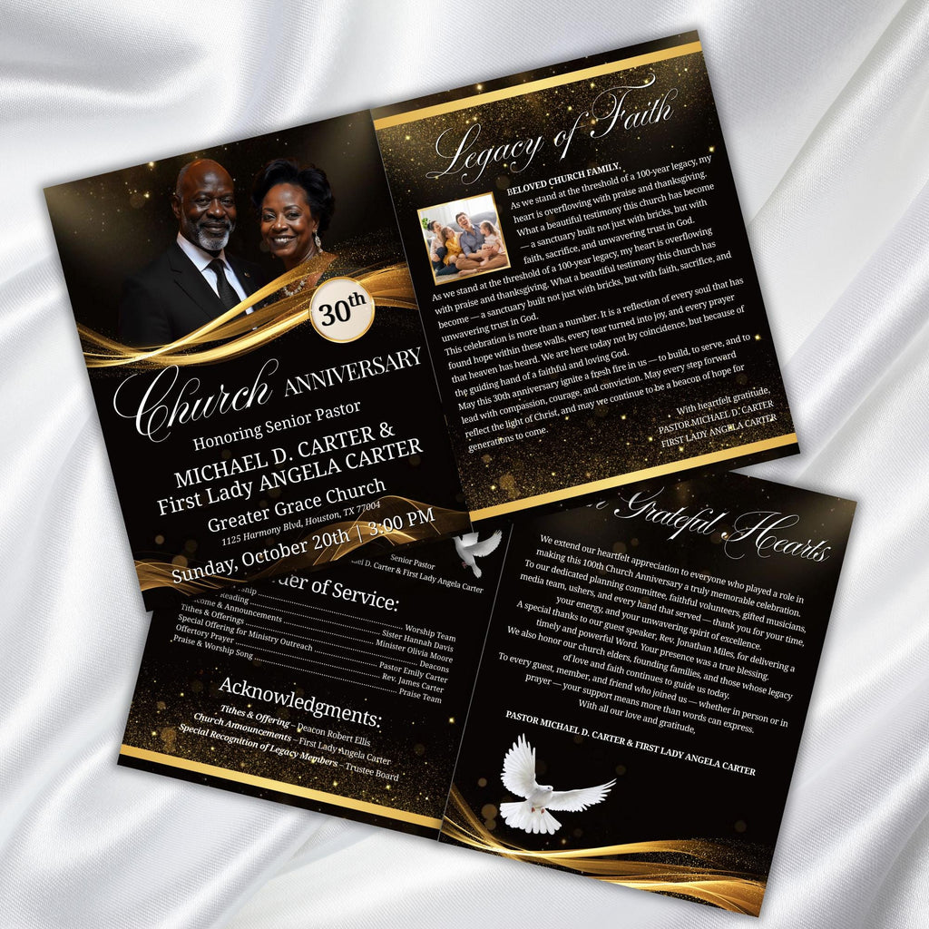 04 Pages Church Anniversary Program Template, Editable Bifold 8.5x11” Design, Church Appreciation Program, Anniversary & Faith Celebration - Editable Memorial Canva Template
