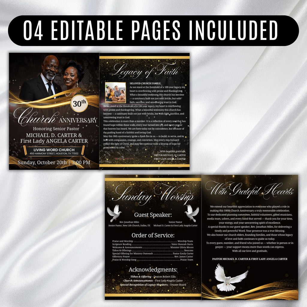 04 Pages Church Anniversary Program Template, Editable Bifold 8.5x11” Design, Church Appreciation Program, Anniversary & Faith Celebration - Editable Memorial Canva Template