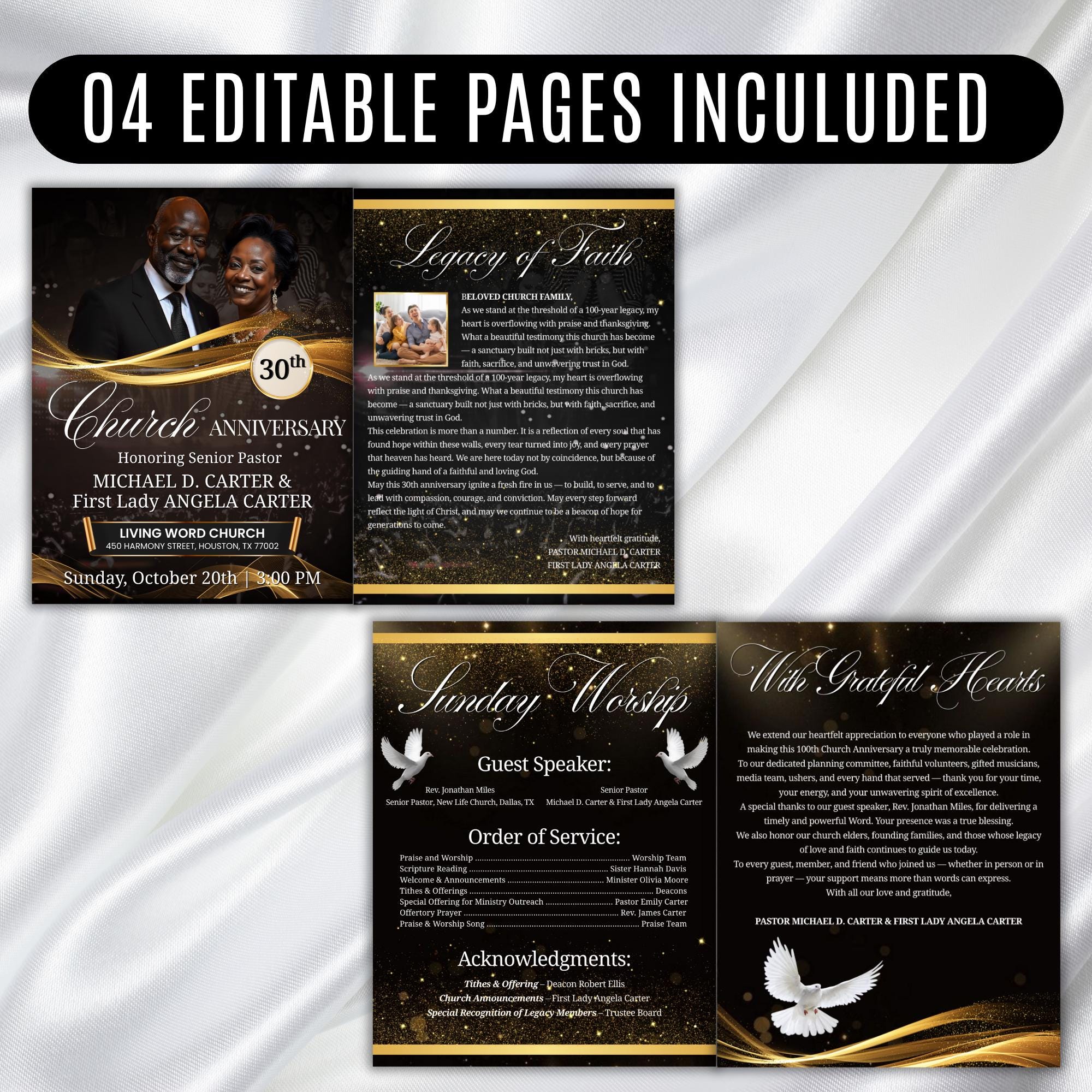 04 Pages Church Anniversary Program Template, Editable Bifold 8.5x11” Design, Church Appreciation Program, Anniversary & Faith Celebration - Editable Memorial Canva Template