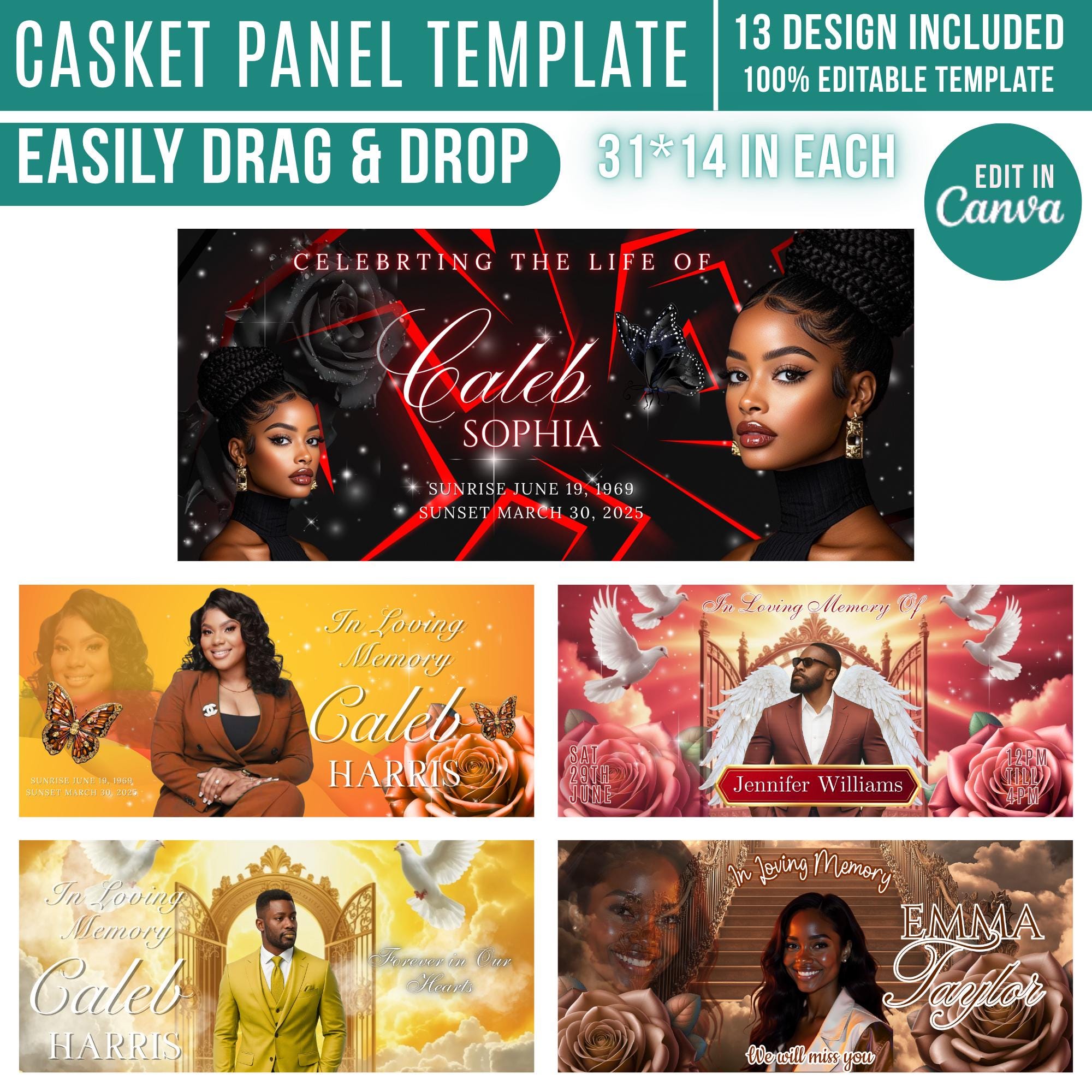13 Memorial Casket Panel Editable Templates, Personalized Casket Panel, In Loving Memory Canva Template, Memorial Tribute, Funeral Keepsake - Editable Memorial Canva Template