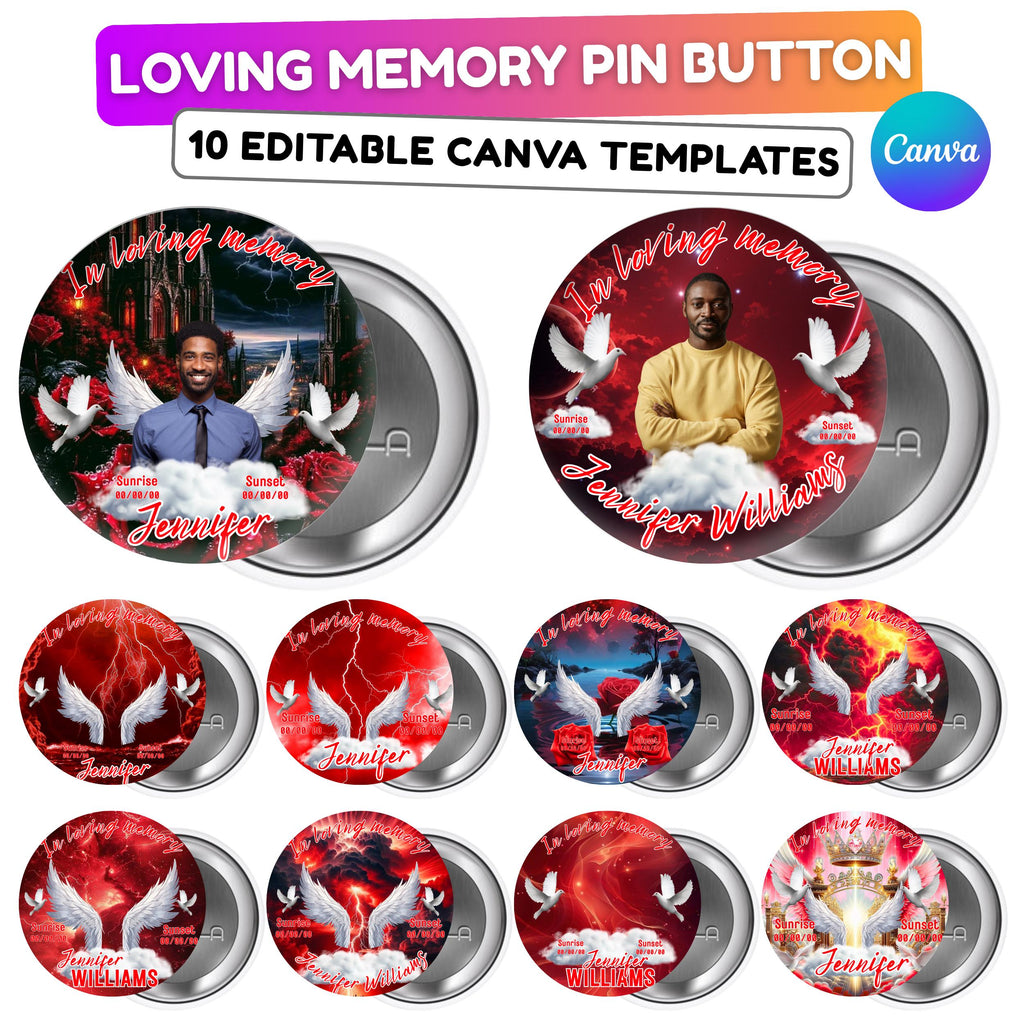10 In Loving Memory Red Pin Button Canva Editable Templates Bundle, In Loving Memory, Memorial Red Pin Button Template, Funeral Button Favor - Editable Memorial Canva Template