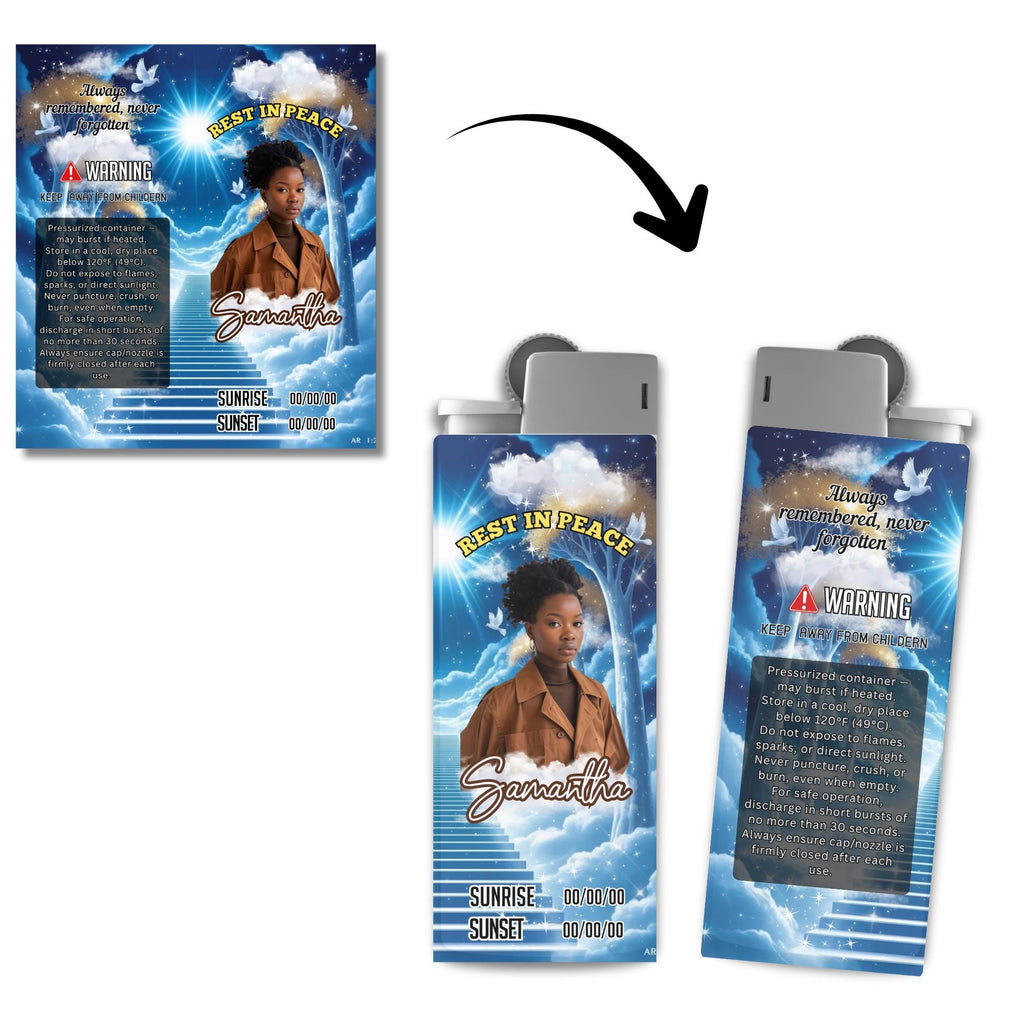 10 Memorial Blue Lighter Canva Editable Template, In Loving Memory Template, RIP Lighter Label, Memorial Funeral Keeksake, Digital Download - Editable Memorial Canva Template