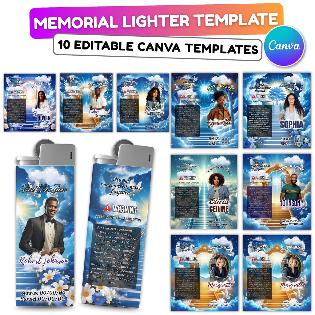 10 Memorial Blue Lighter Canva Editable Template, In Loving Memory Template, RIP Lighter Label, Memorial Funeral Keeksake, Digital Download - Editable Memorial Canva Template