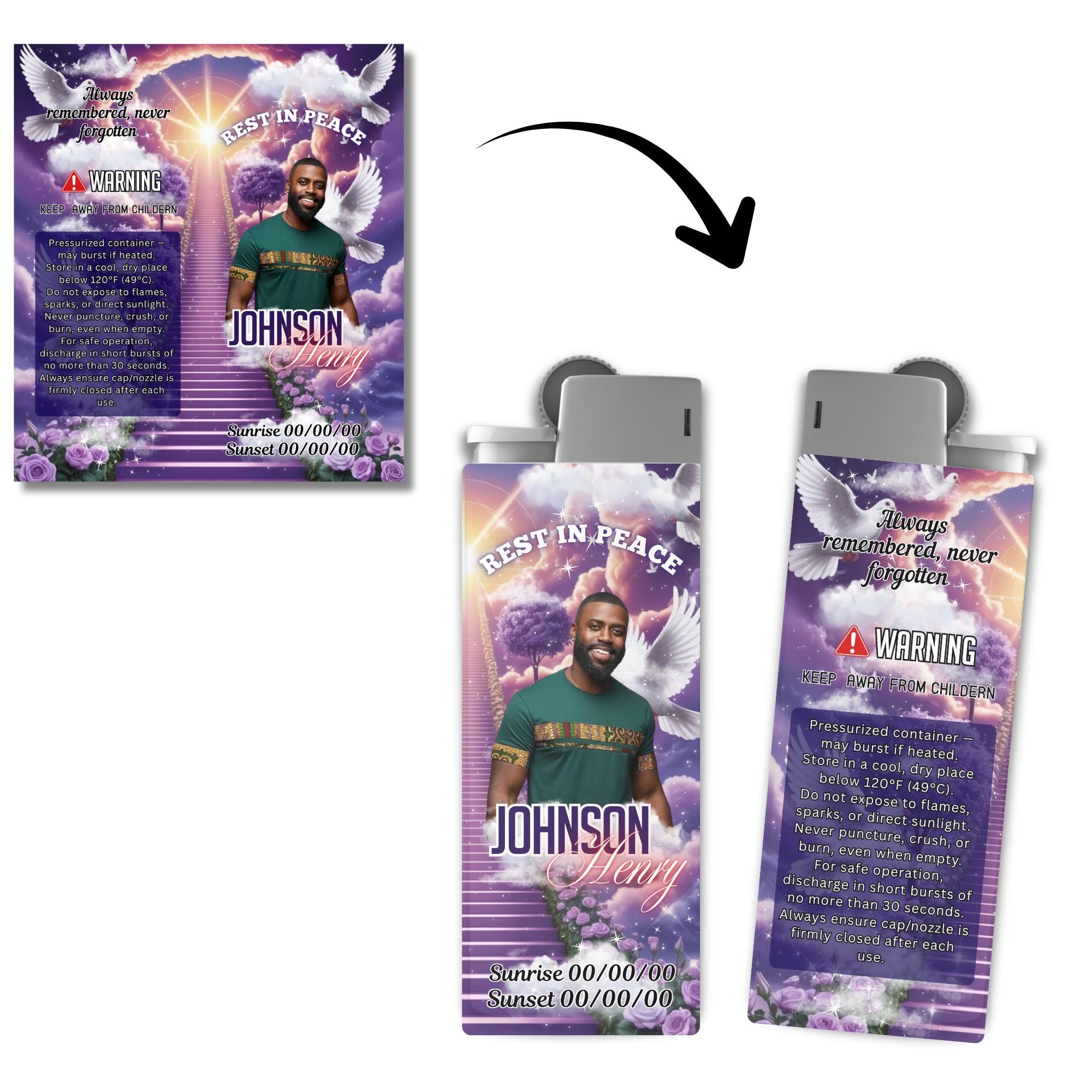 10 Memorial Purple Lighter Canva Editable Template, In Loving Memory Template, RIP Lighter Label, Memorial Funeral Keeksake,Digital Download - Editable Memorial Canva Template