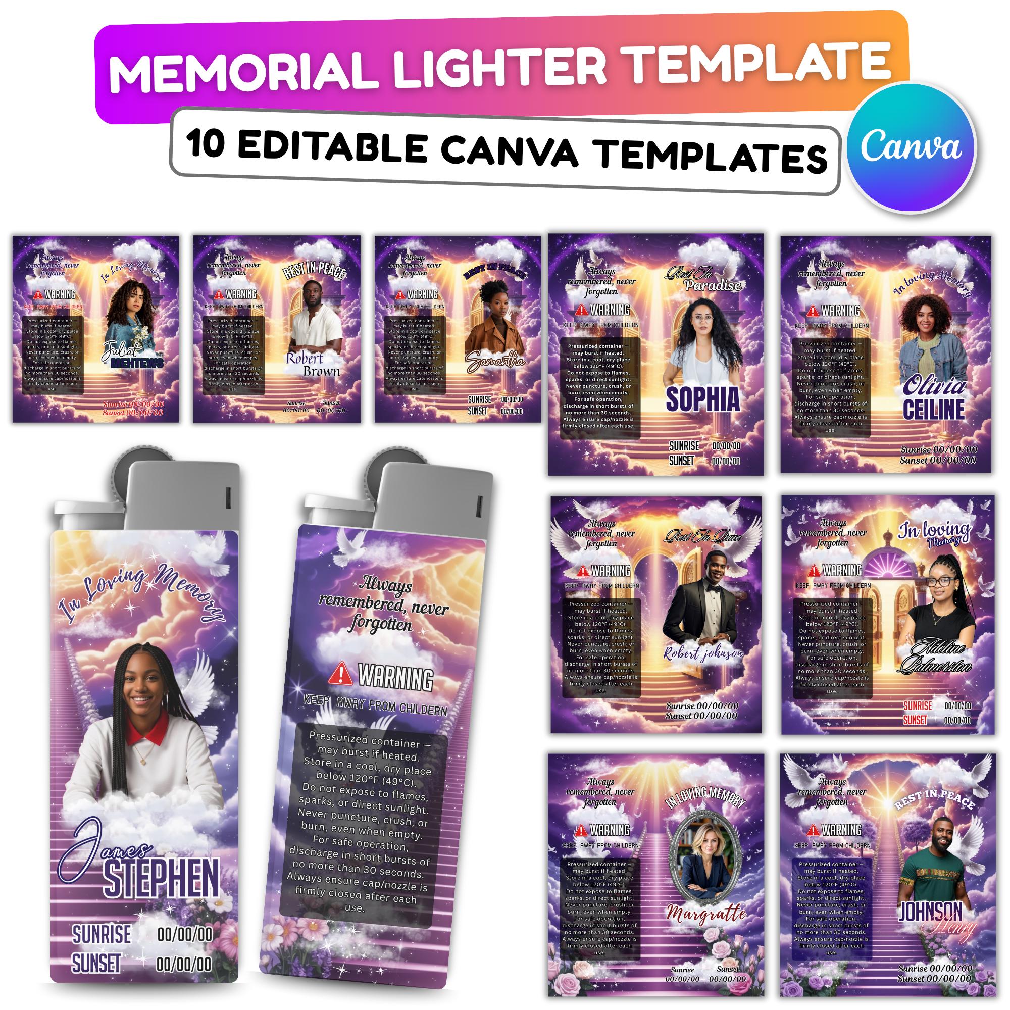 10 Memorial Purple Lighter Canva Editable Template, In Loving Memory Template, RIP Lighter Label, Memorial Funeral Keeksake,Digital Download - Editable Memorial Canva Template