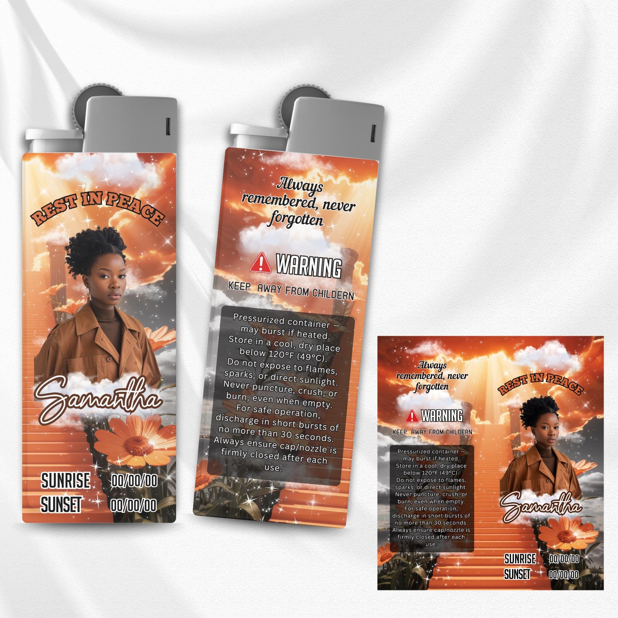 10 Memorial Orange Lighter Canva Editable Template, In Loving Memory Template, RIP Lighter Label, Memorial Funeral Keeksake,Digital Download - Editable Memorial Canva Template