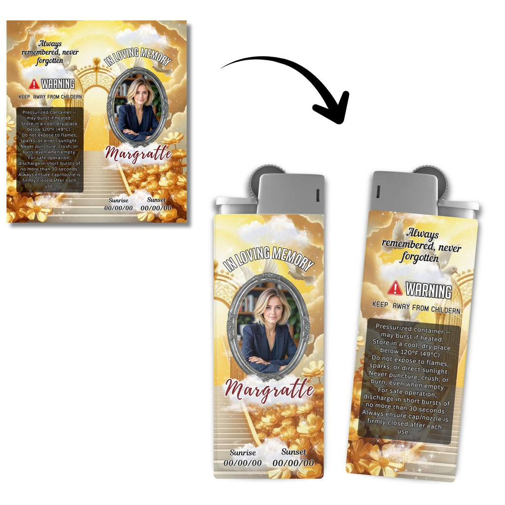 10 Memorial Yellow Lighter Canva Editable Template, In Loving Memory Template, RIP Lighter Label, Memorial Funeral Keeksake,Digital Download - Editable Memorial Canva Template