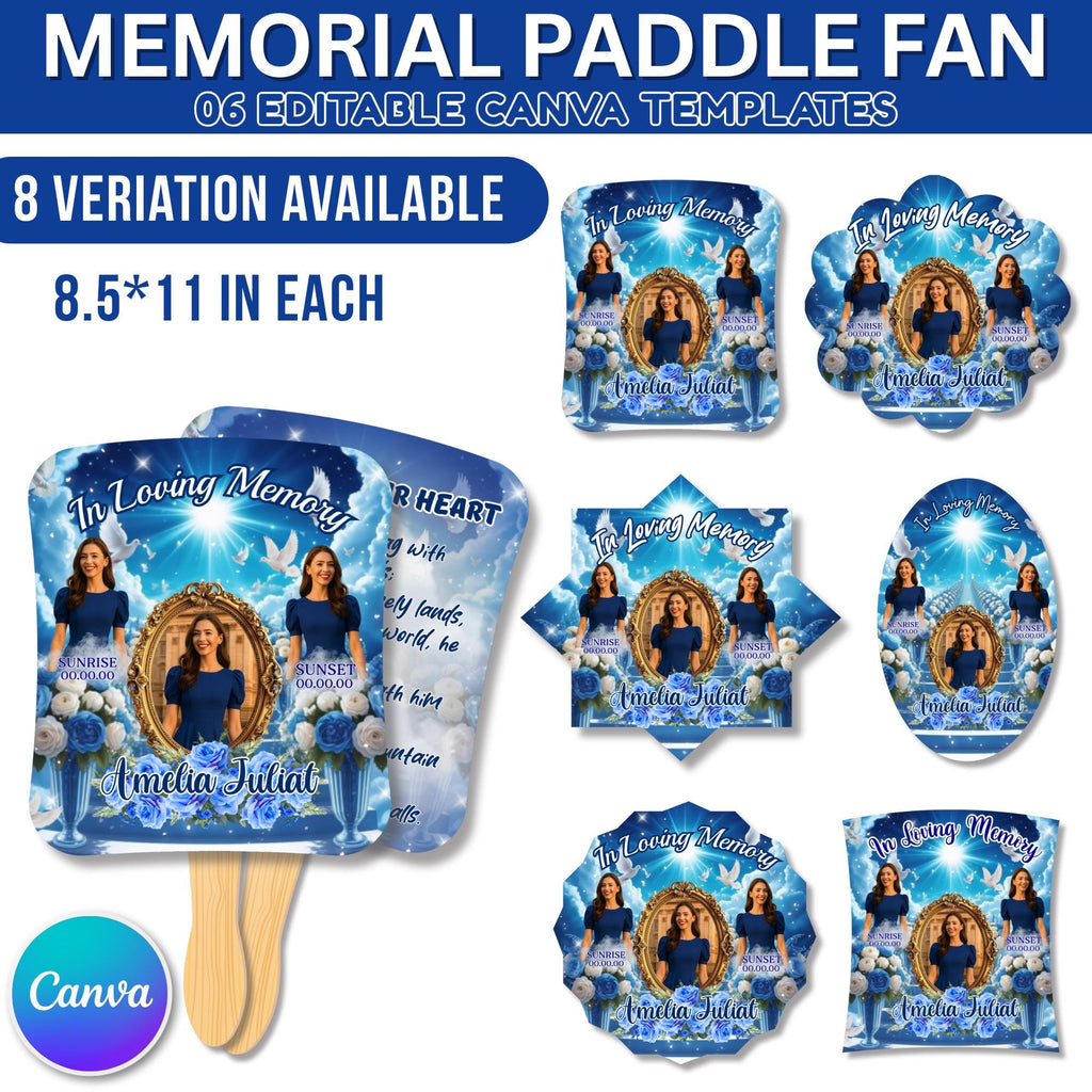 06 Blue Memorial Paddle Fan Canva Editable Template, In Loving Memory Fan, Celebration of Life Paddle Fan, In Loving Memory Handheld Tribute - Editable Memorial Canva Template