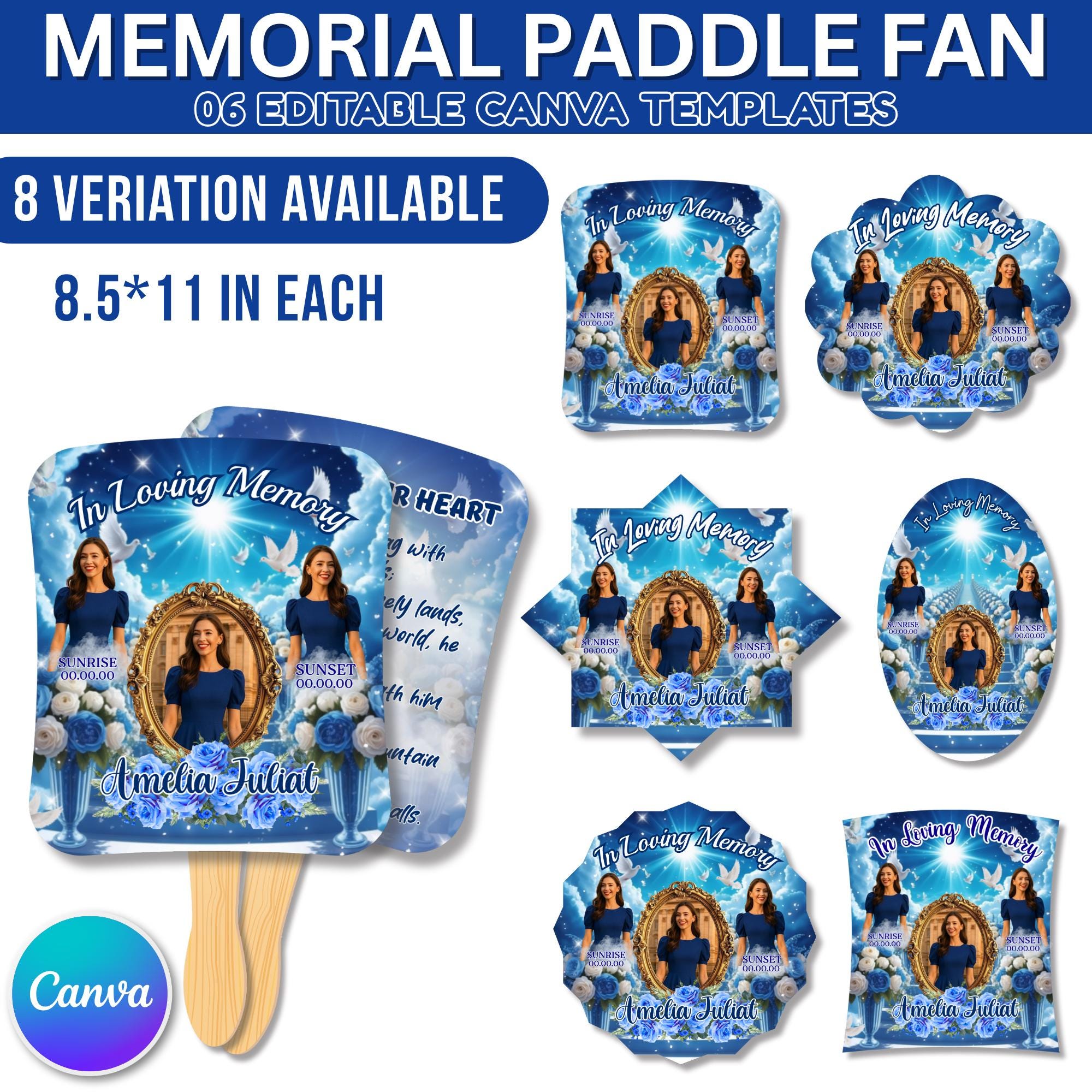 06 Blue Memorial Paddle Fan Canva Editable Template, In Loving Memory Fan, Celebration of Life Paddle Fan, In Loving Memory Handheld Tribute - Editable Memorial Canva Template