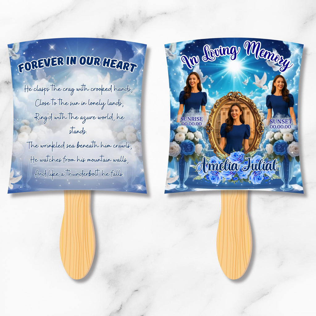 06 Blue Memorial Paddle Fan Canva Editable Template, In Loving Memory Fan, Celebration of Life Paddle Fan, In Loving Memory Handheld Tribute - Editable Memorial Canva Template