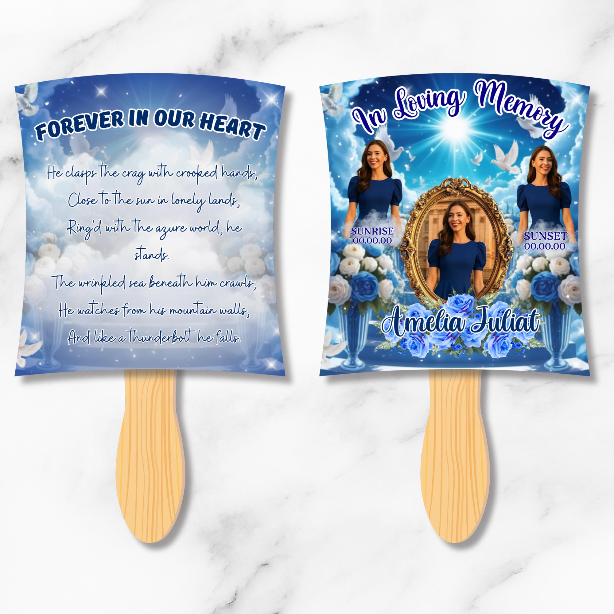 06 Blue Memorial Paddle Fan Canva Editable Template, In Loving Memory Fan, Celebration of Life Paddle Fan, In Loving Memory Handheld Tribute - Editable Memorial Canva Template
