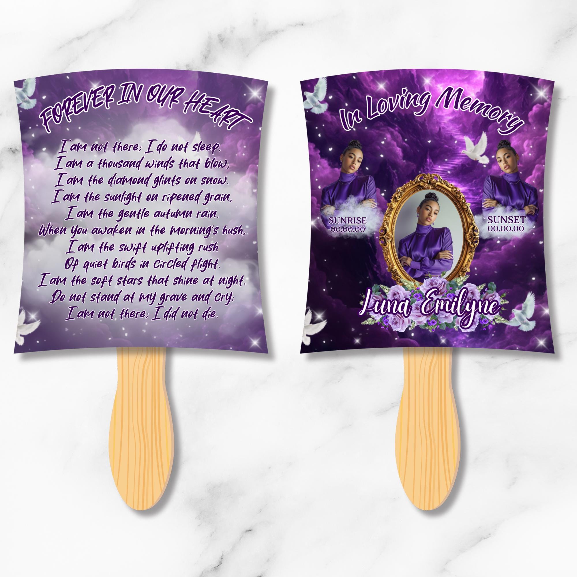 06 Purple Memorial Paddle Fan Editable Template, In Loving Memory Fan, Celebration of Life Paddle Fan, In Loving Memory Handheld Tribute - Editable Memorial Canva Template