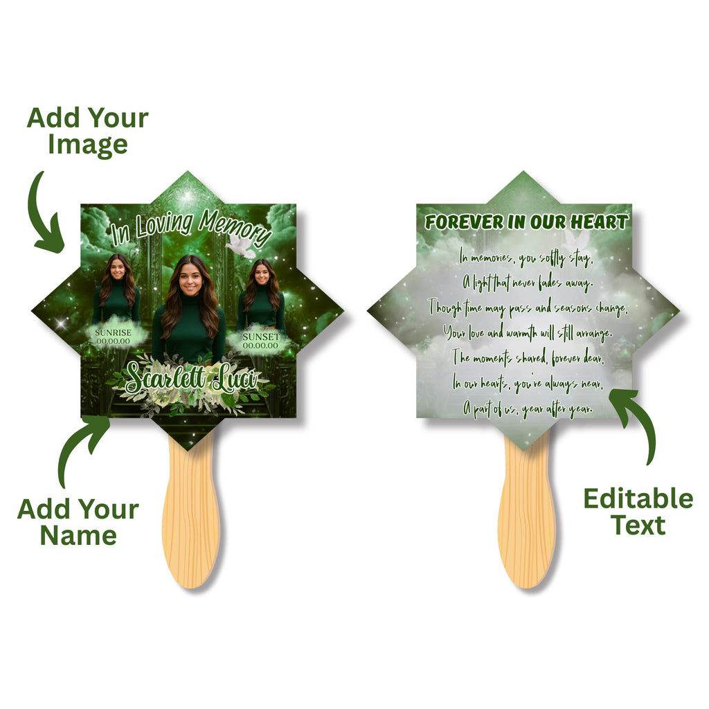 06 Green Memorial Paddle Fan Editable Template, In Loving Memory Fan, Celebration of Life Paddle Fan, In Loving Memory Handheld Tribute - Editable Memorial Canva Template