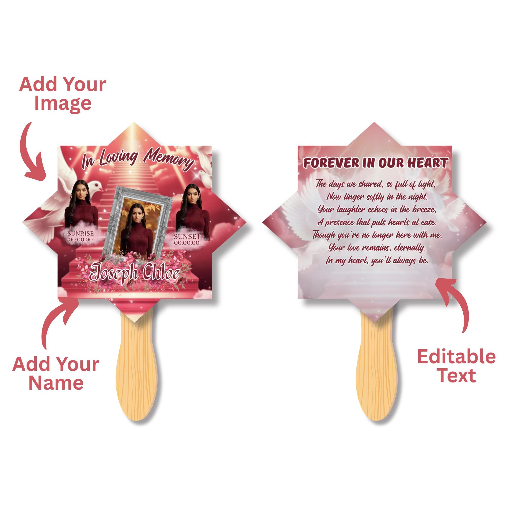 06 Pink Memorial Paddle Fan Editable Template, In Loving Memory Fan, Celebration of Life Paddle Fan, In Loving Memory Handheld Tribute - Editable Memorial Canva Template