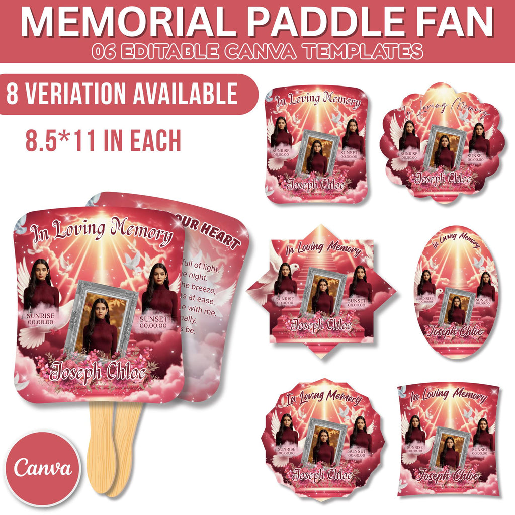 06 Pink Memorial Paddle Fan Editable Template, In Loving Memory Fan, Celebration of Life Paddle Fan, In Loving Memory Handheld Tribute - Editable Memorial Canva Template