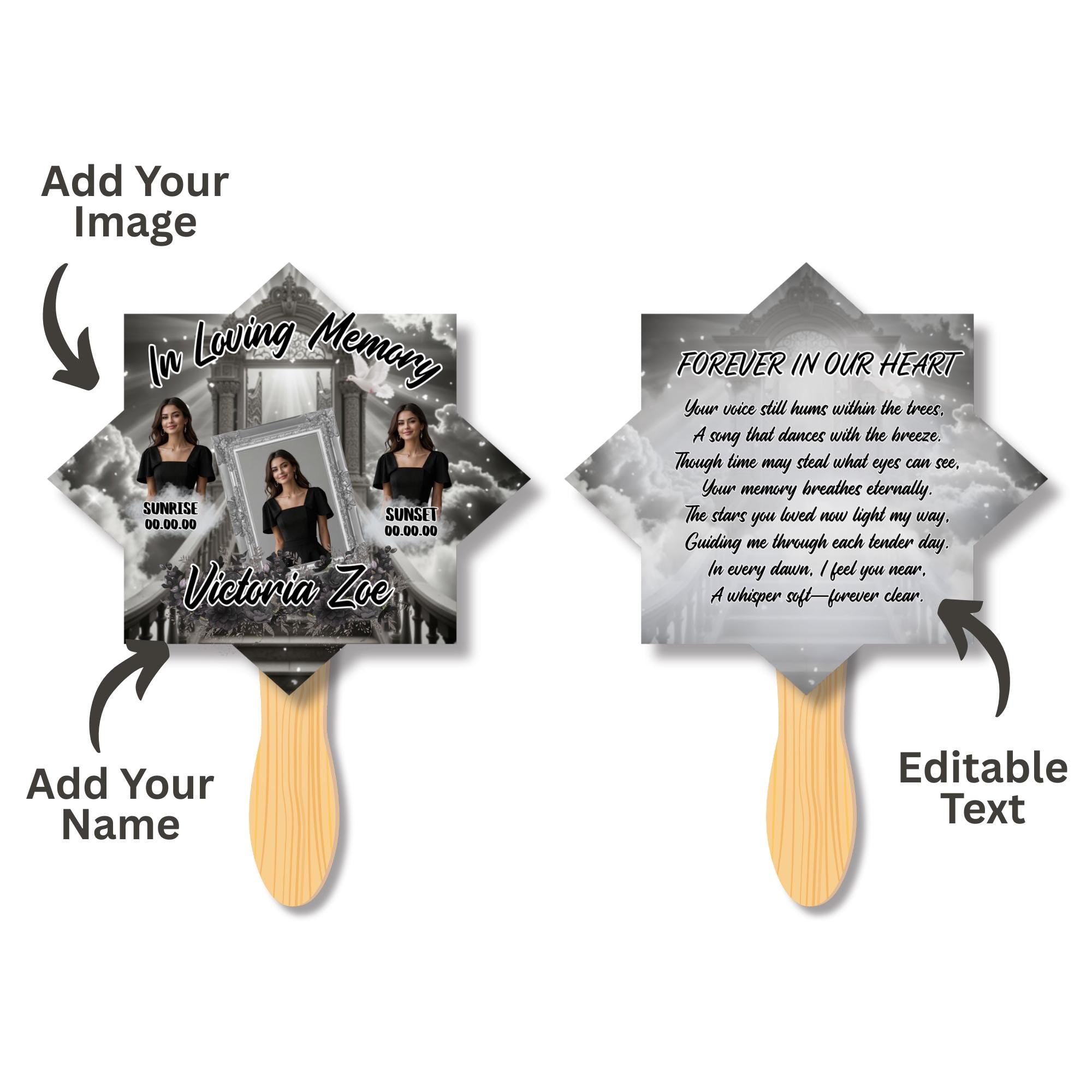 06 Black Memorial Paddle Fan Editable Template, In Loving Memory Fan, Celebration of Life Paddle Fan, In Loving Memory Handheld Tribute - Editable Memorial Canva Template