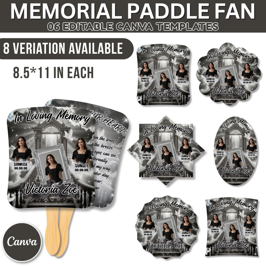 06 Black Memorial Paddle Fan Editable Template, In Loving Memory Fan, Celebration of Life Paddle Fan, In Loving Memory Handheld Tribute - Editable Memorial Canva Template