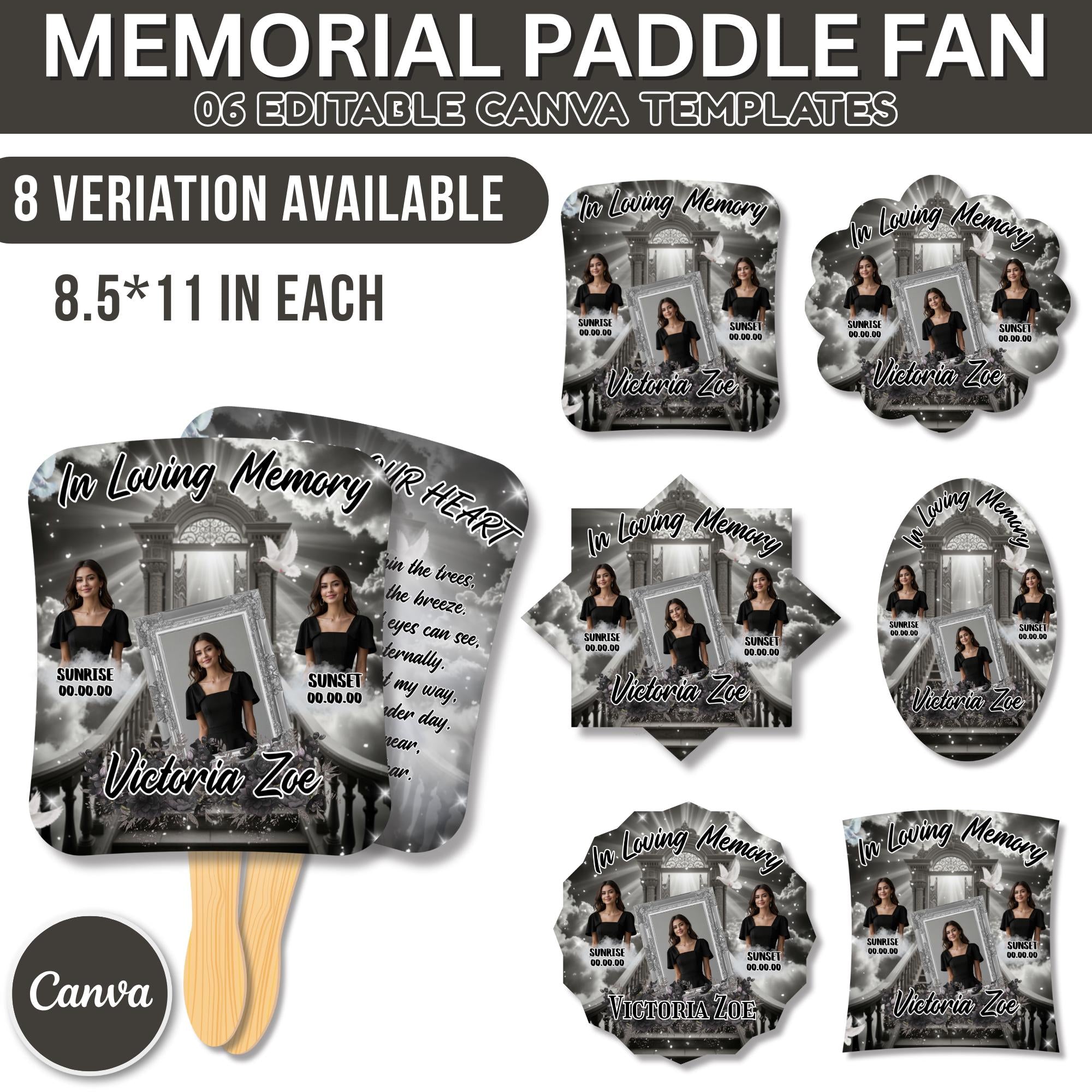 06 Black Memorial Paddle Fan Editable Template, In Loving Memory Fan, Celebration of Life Paddle Fan, In Loving Memory Handheld Tribute - Editable Memorial Canva Template