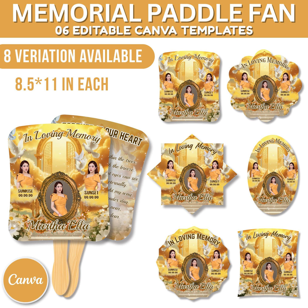 06 Yellow Memorial Paddle Fan Editable Template, In Loving Memory Fan, Celebration of Life Paddle Fan, In Loving Memory Handheld Tribute - Editable Memorial Canva Template