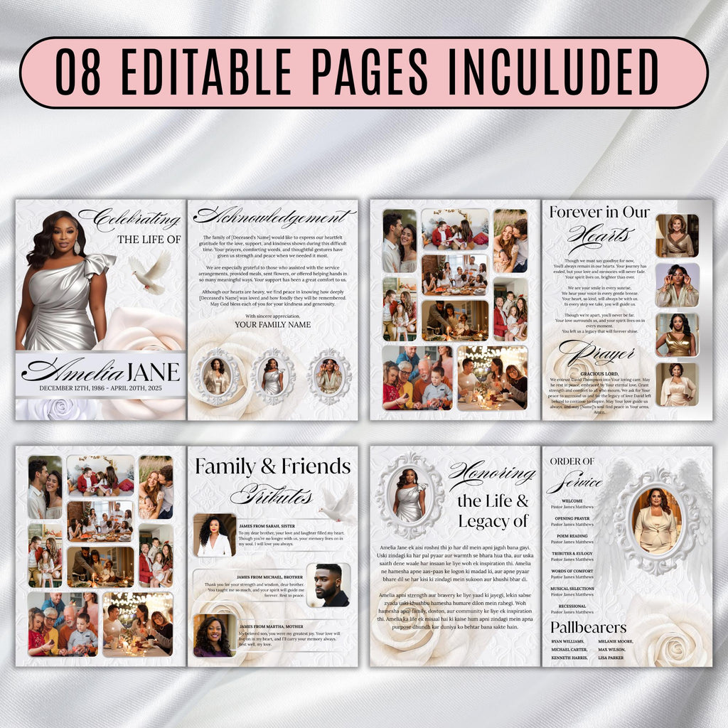 08 Pages White Funeral Program Template, Bi-Fold Funeral Program, Obituary Celebration Of Life Program, Digital Download - Editable Memorial Canva Template