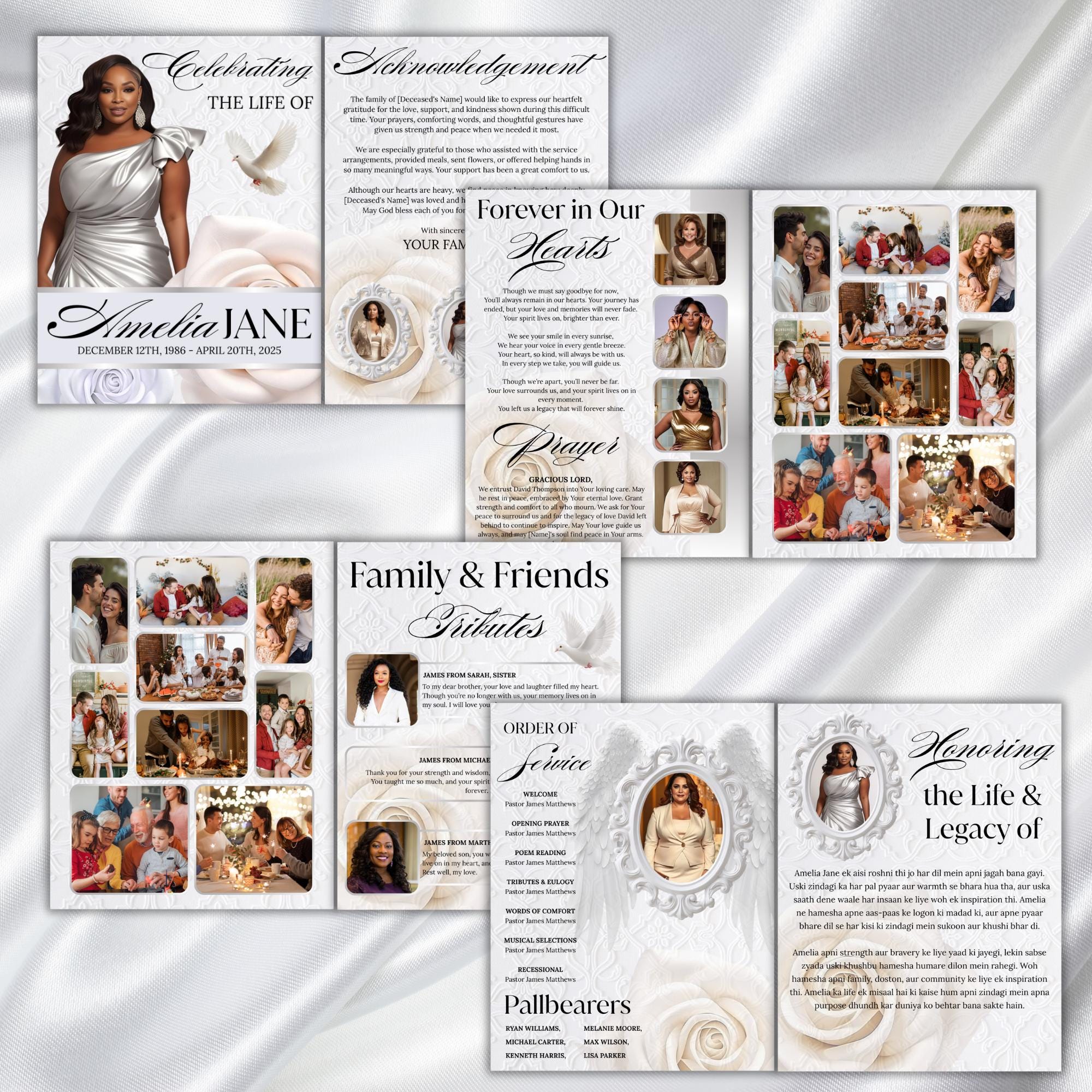 08 Pages White Funeral Program Template, Bi-Fold Funeral Program, Obituary Celebration Of Life Program, Digital Download - Editable Memorial Canva Template
