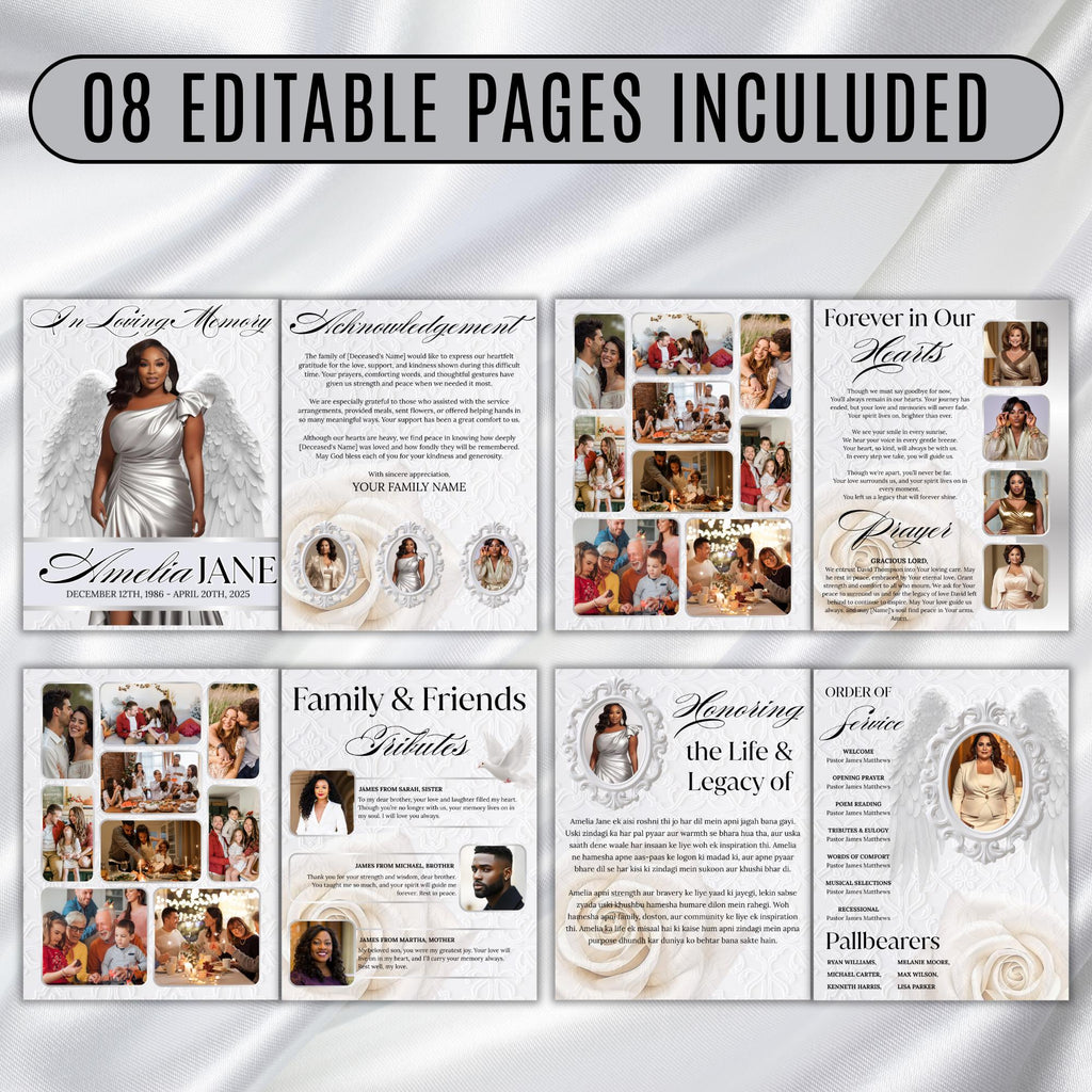 08 Pages White Funeral Program Template, Bi-Fold Funeral Program, Obituary Celebration Of Life Program, Digital Download - Editable Memorial Canva Template
