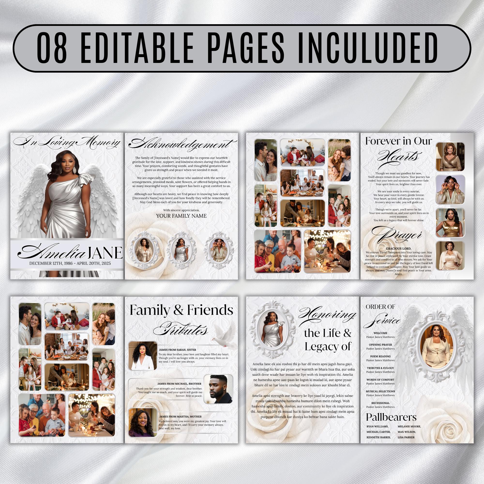 08 Pages White Funeral Program Template, Bi-Fold Funeral Program, Obituary Celebration Of Life Program, Digital Download - Editable Memorial Canva Template