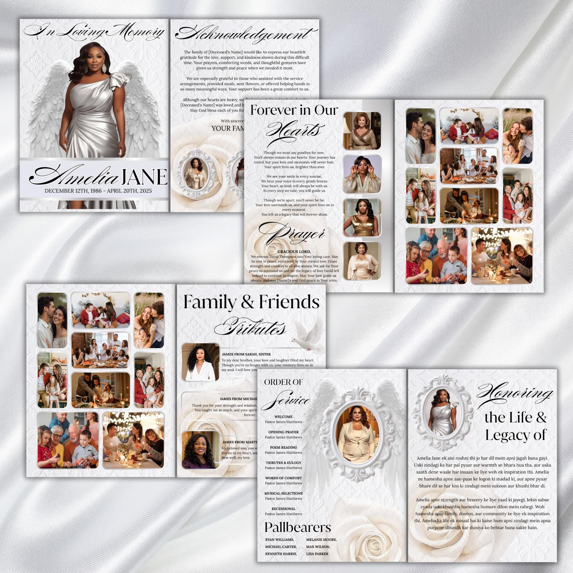 08 Pages White Funeral Program Template, Bi-Fold Funeral Program, Obituary Celebration Of Life Program, Digital Download - Editable Memorial Canva Template