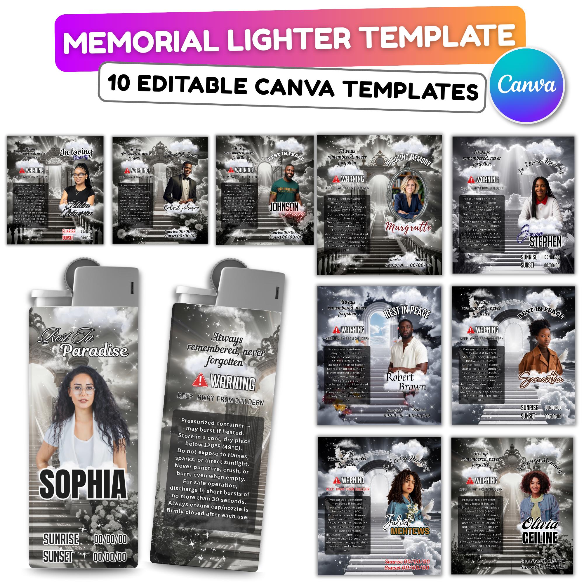 10 Memorial Black Lighter Canva Editable Template, In Loving Memory Template, RIP Lighter Label, Memorial Funeral Keeksake,Digital Download - Editable Memorial Canva Template