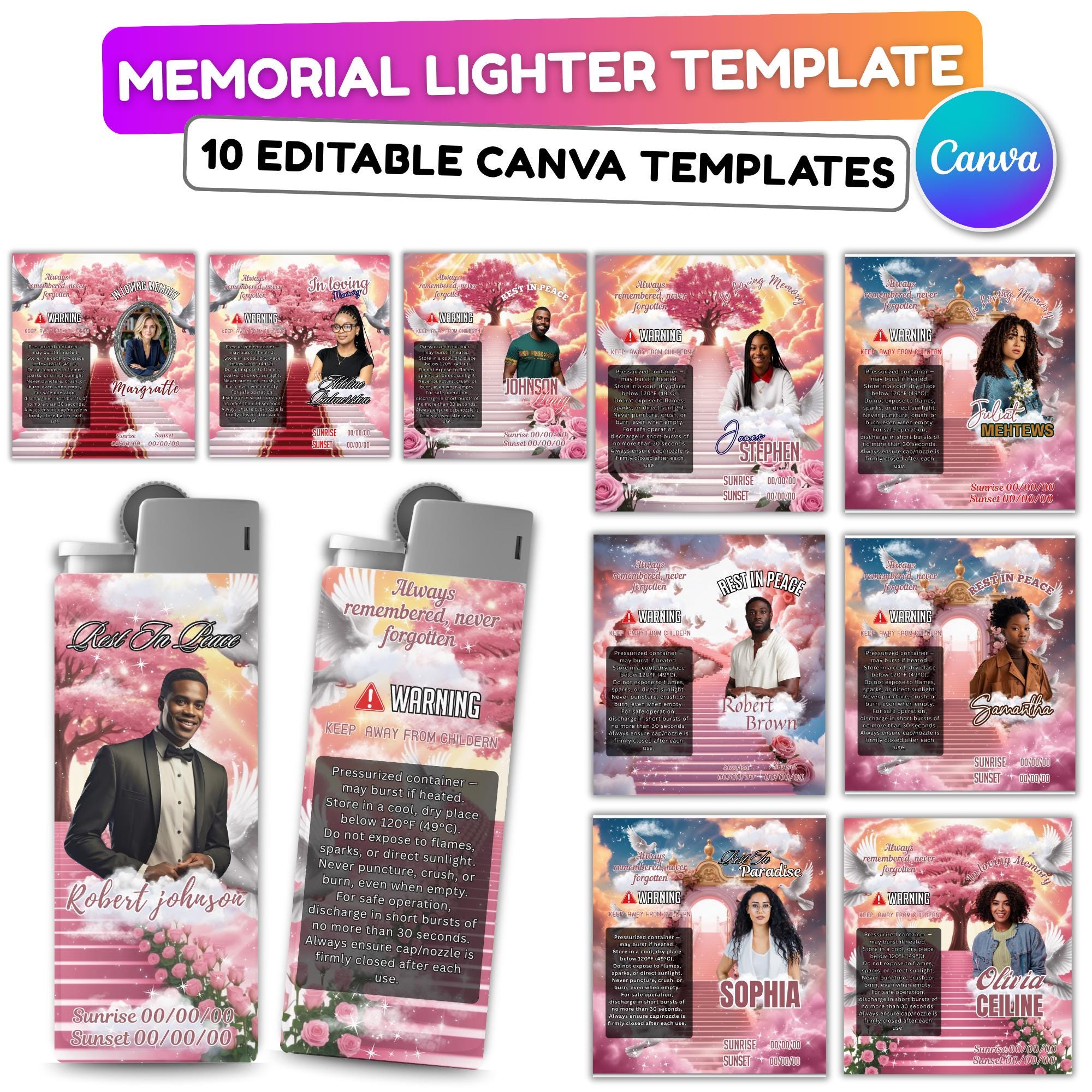 10 Memorial Pink Lighter Canva Editable Template, In Loving Memory Template, RIP Lighter Label, Memorial Funeral Keeksake,Digital Download - Editable Memorial Canva Template
