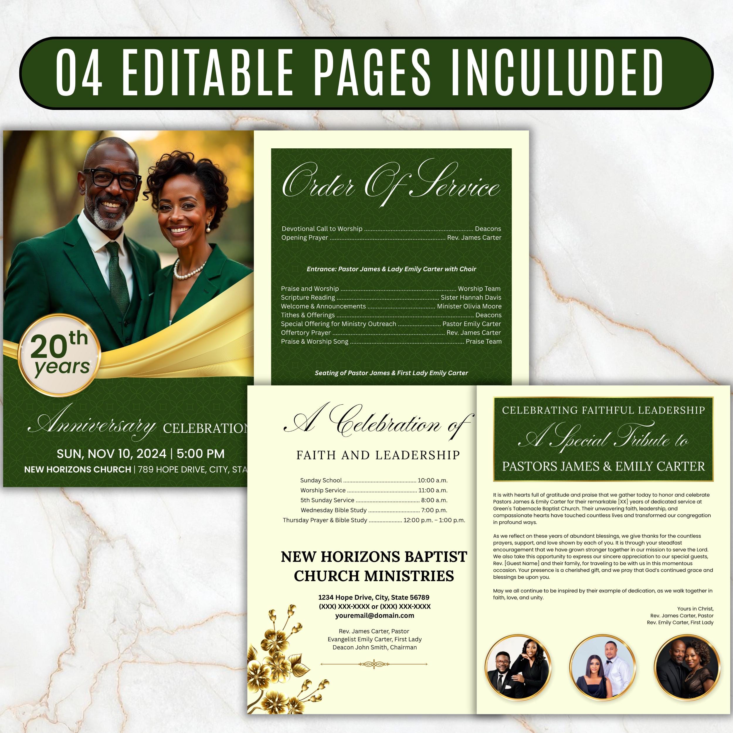 4 Pages Pastoral Anniversary Program Template, Bi-Fold Funeral Program, Church Program Template, Obituary Celebration Of Life Program - Editable Memorial Canva Template