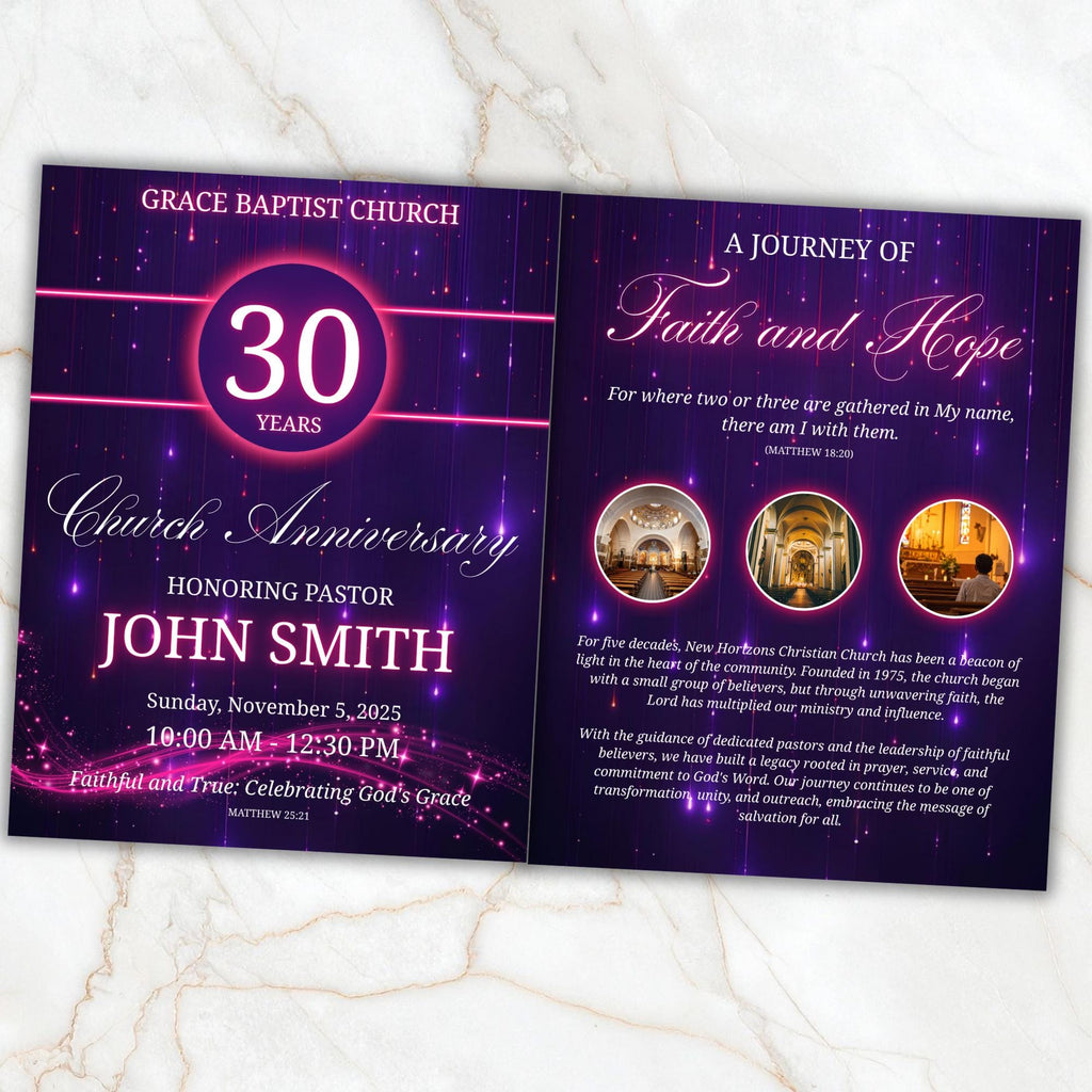 Church Anniversary Program Template, Editable Bifold 8.5x11” Design, Church Appreciation Program, Anniversary & Faith Celebration - Editable Memorial Canva Template