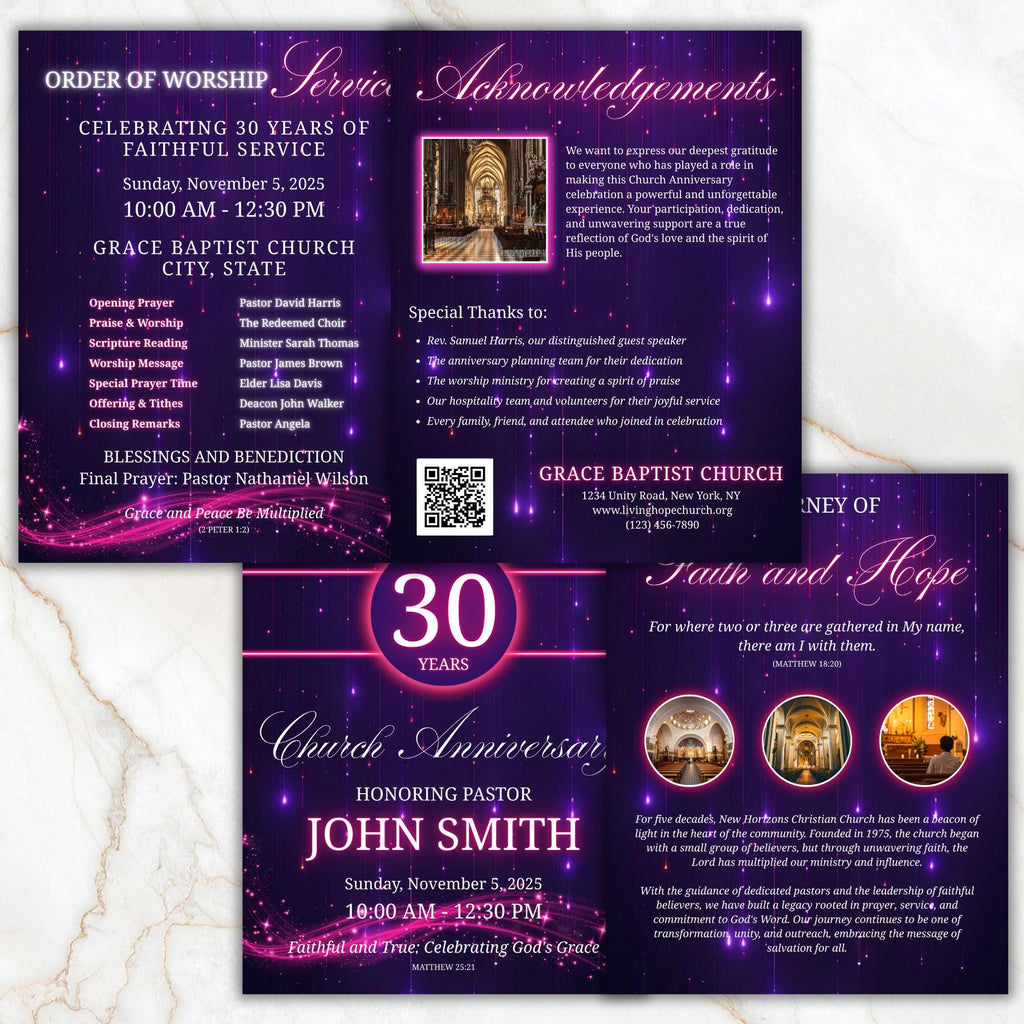 Church Anniversary Program Template, Editable Bifold 8.5x11” Design, Church Appreciation Program, Anniversary & Faith Celebration - Editable Memorial Canva Template