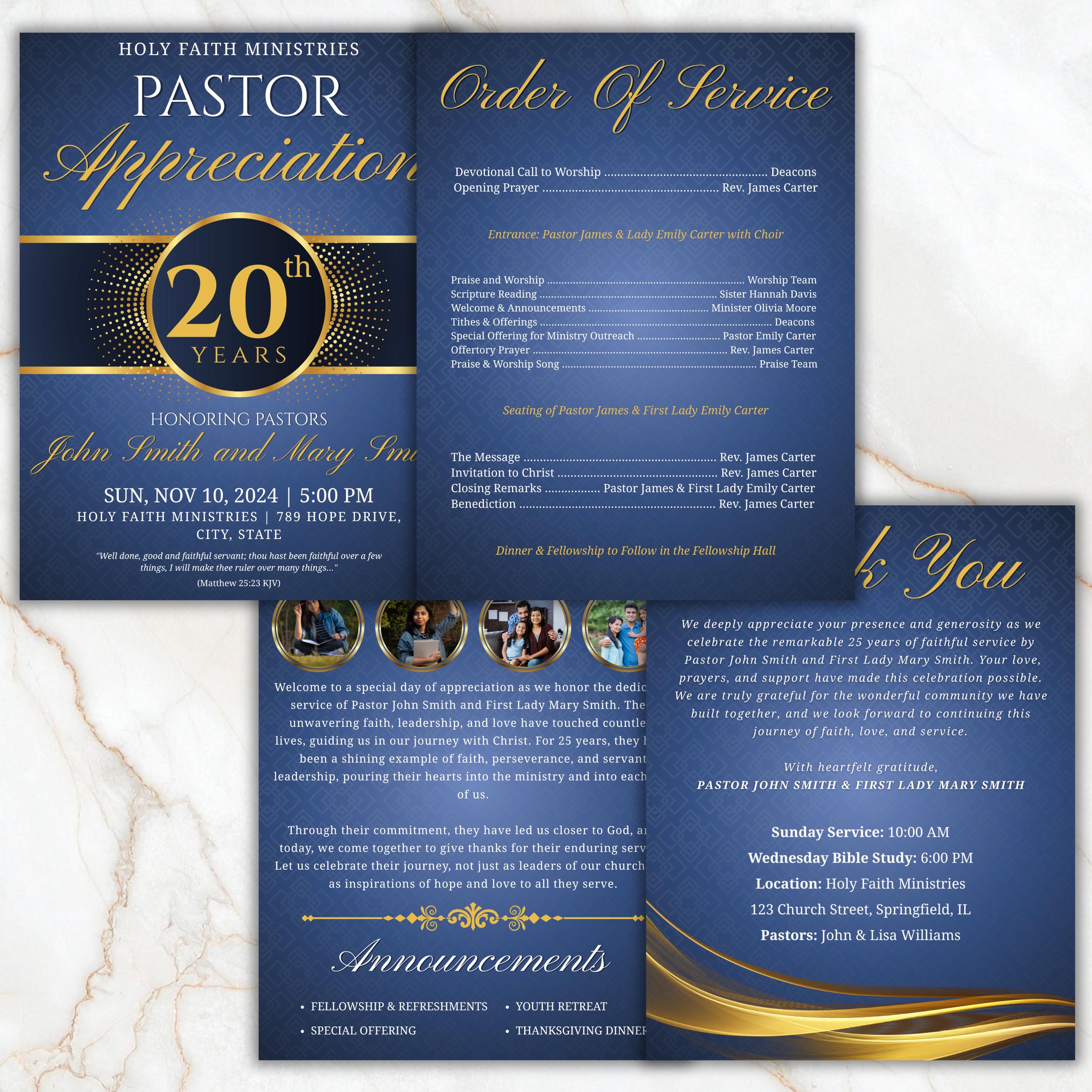 4 Pages Blue Church Program Template, Bi-Fold Funeral Program, Church Program Template, Printable & Editable, Instant Download - Editable Memorial Canva Template