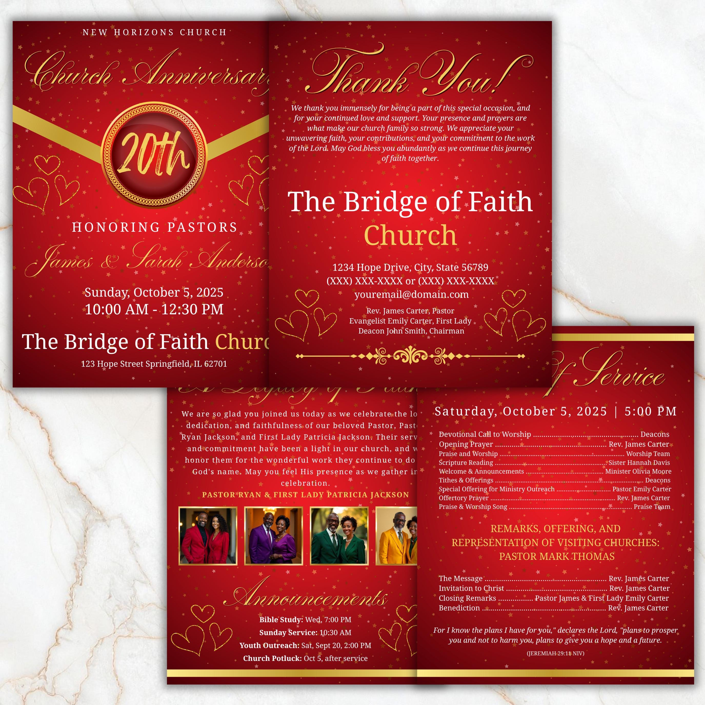 4 Pages Red Church Program Template, Bi-Fold Funeral Program, Church Program Red Gold , Printable & Editable, Instant Download - Editable Memorial Canva Template