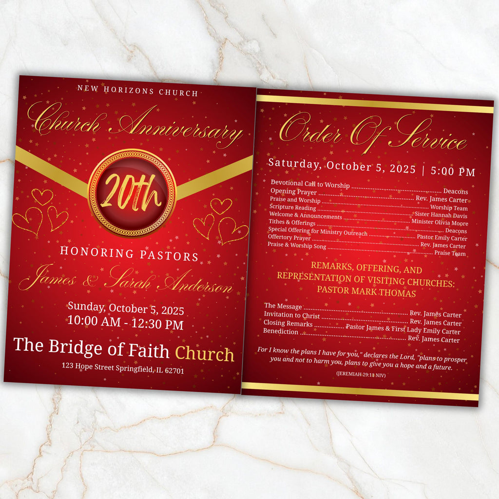 4 Pages Red Church Program Template, Bi-Fold Funeral Program, Church Program Red Gold , Printable & Editable, Instant Download - Editable Memorial Canva Template