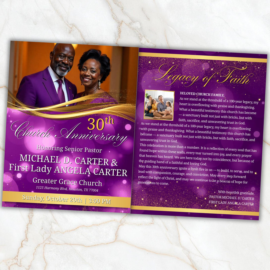 Purple Church Anniversary Program Template, Editable Bifold 8.5x11” Design, Church Appreciation Program, Anniversary & Faith Celebration - Editable Memorial Canva Template