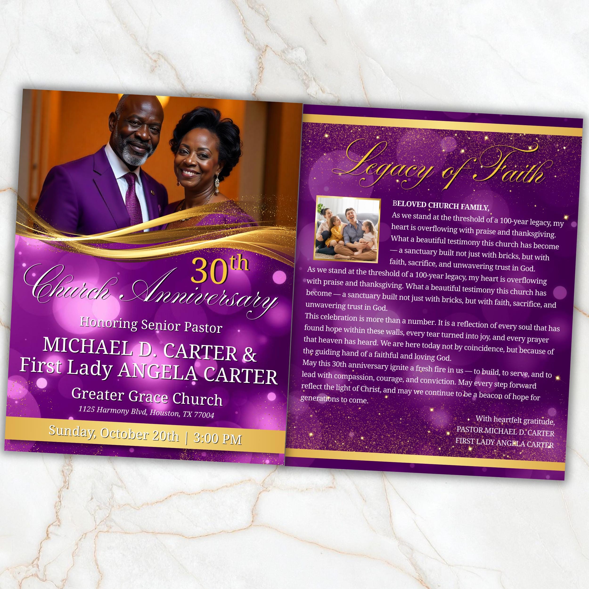 Purple Church Anniversary Program Template, Editable Bifold 8.5x11” Design, Church Appreciation Program, Anniversary & Faith Celebration - Editable Memorial Canva Template