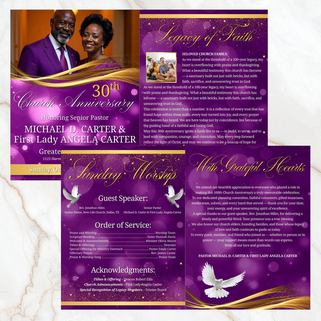 Purple Church Anniversary Program Template, Editable Bifold 8.5x11” Design, Church Appreciation Program, Anniversary & Faith Celebration - Editable Memorial Canva Template